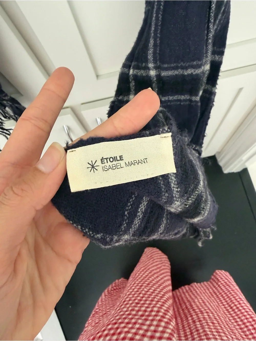 Isabel Marant Navy and White Plaid Scarf with Fringe
